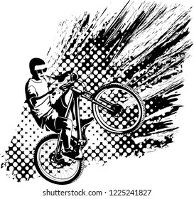 grunge monochrome vector illustration of man doing bike trick

