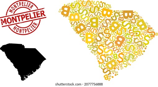 Grunge Montpelier stamp seal, and financial collage map of South Carolina State. Red round stamp seal contains Montpelier tag inside circle.