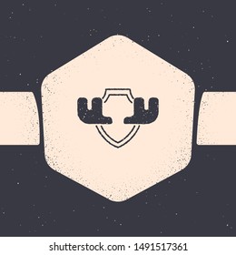 Grunge Moose horns on shield icon isolated on grey background. Hunting trophy on wall. Monochrome vintage drawing. Vector Illustration