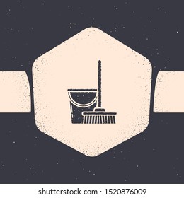 Grunge Mop and bucket icon isolated on grey background. Cleaning service concept. Monochrome vintage drawing. Vector Illustration