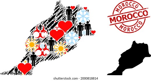 Grunge Morocco seal, and sunny customers syringe mosaic map . Red round seal includes Morocco title inside circle. Map of Morocco mosaic is formed from cold, sunny, love, population,