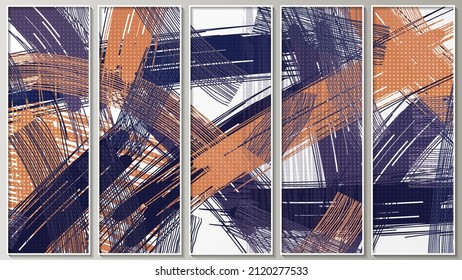 Grunge motley panel of five images in white thin frames. Chaotic brush strokes on a light background. Template for your projects. Vector. 