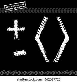 Grunge motorcycle tire figures. Unique off road isolated lettering in a white colour on a black background. Vector illustration.