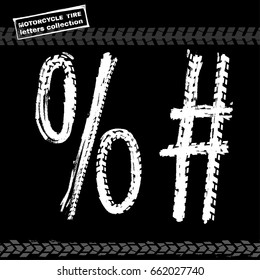 Grunge motorcycle tire figures. Unique off road isolated lettering in a white colour on a black background. Vector illustration.
