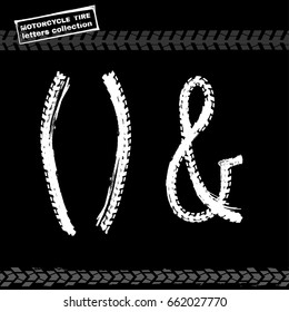 Grunge motorcycle tire figures. Unique off road isolated lettering in a white colour on a black background. Vector illustration.