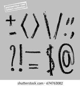 Grunge motorcycle tire font elements. Unique off road isolated lettering in a black colour on a light grey background. Vector illustration.