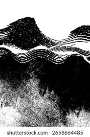 Paisaje montañoso grunge con líneas onduladas: textura abstracta de Vector blanco y negro.
