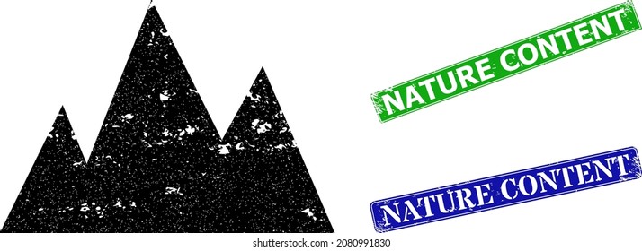 Grunge mountains icon and rectangle rubber Nature Content seal stamp. Vector green Nature Content and blue Nature Content watermarks with grunge rubber texture,