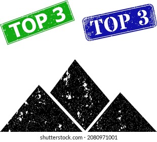 Grunge mountains icon and rectangular corroded Top 3 seal stamp. Vector green Top 3 and blue Top 3 seals with corroded rubber texture, designed for mountains illustration.