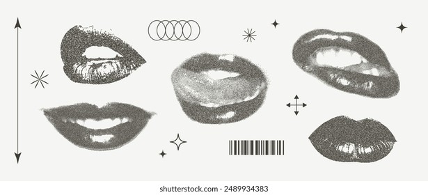 Grunge mouths with retro photocopy effect Y2K. Pop art design. Vector illustration for T-shirt prints, collage design, banner, postcards, posters.