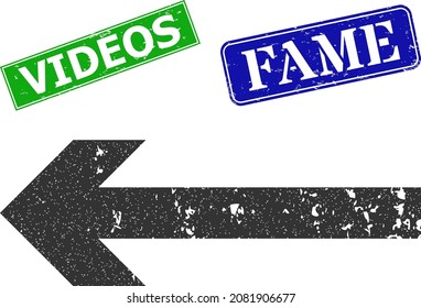 Grunge move left icon and rectangle rubber Videos seal. Vector green Videos and blue Fame imprints with unclean rubber texture, designed for move left illustration. Fame tag inside rectangle form.