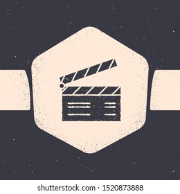 Icono del gancho de película aislado en fondo gris. Cartel de la película. Signo de cartón. Concepto de producción cinematográfica o industria de los medios. Dibujo de época monocromo. Ilustración vectorial