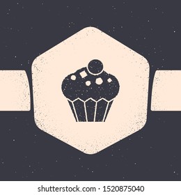Grunge Muffin icon isolated on grey background. Monochrome vintage drawing. Vector Illustration