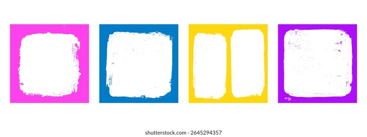 Grunge multi cores graffiti quadrados definir modelos. Borda de tinta com bordas ásperas para tampa e banner. Sobreposições texturizadas retrô. Planos de fundo retangulares do folheto. Ilustração de design de vetor.