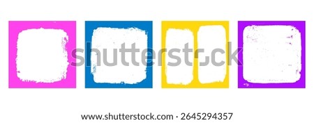 Grunge multi colors graffiti square frames set templates. Ink paint border with rough edges for cover and banner. Retro textured overlays. Rectangular flyer backgrounds. Vector design illustration.
