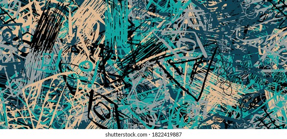 Grunge is multicolored. Abstract seamless background. The texture is repetitive. Template for printing on fabric, paper, wrapper. A chaotic backdrop of graffiti