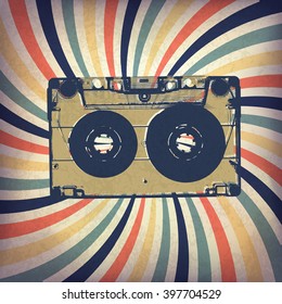 Grunge music background. Audio cassette illustration on rays