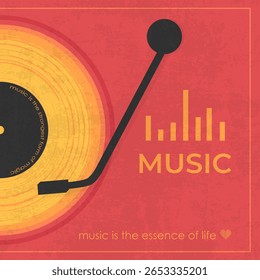 Grunge music background with bright vinyl record player silhouette. Music festival template with vinyl record. Vector illustration