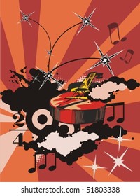 Grunge music background with a classic guitar.