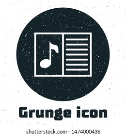 Grunge Music book with note icon isolated on white background. Music sheet with note stave. Notebook for musical notes.  Vector Illustration