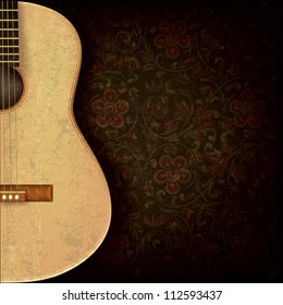 grunge music brown background with guitar and floral ornament