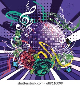 Grunge music design with purple disco ball and floral.