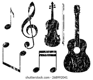 grunge music elements, guitar, violin, treble clef and notes, isolated illustration 