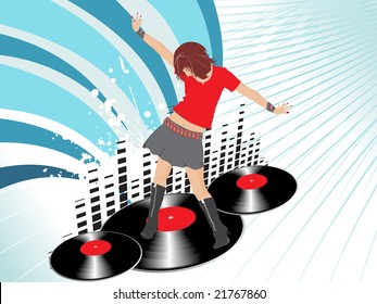 grunge music graph background with lady dancer and disc, wallpaper