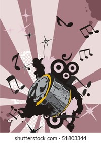 Grunge music instrument background with a drum.