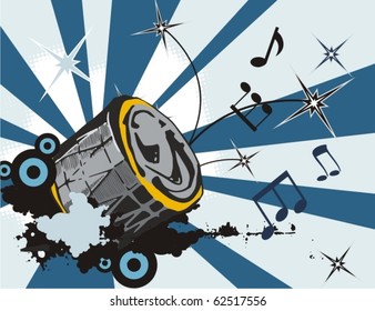 Grunge music instrument background with a drum.