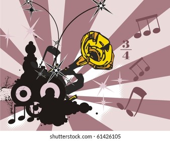 Grunge music instrument background with a trumpet.