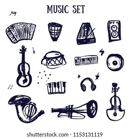 Grunge Music items icons set. Hand drawn sketch with notes, instruments, guitar, headphone, drums, music player