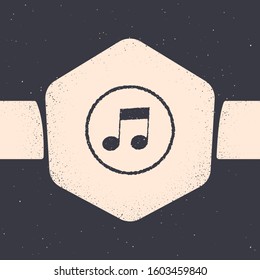 Grunge Music note, tone icon isolated on grey background. Monochrome vintage drawing. Vector Illustration