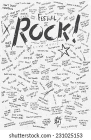 Grunge Music poster background template. Creative Vector Rock related expressions words cloud and doodles written in a wall. Texture effects can be turned off.