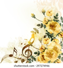 Grunge music romantic background with notes and roses