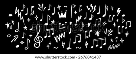 Grunge musical doodle background. Emo goth black poster. White chalk scribbles on the blackboard. Crayon notes, keys, symbols handwriting. Punk rock poster. Star, heart, crown shape