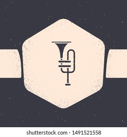 Grunge Musical instrument trumpet icon isolated on grey background. Monochrome vintage drawing. Vector Illustration