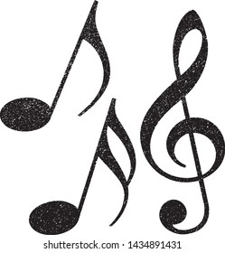 Grunge Musical Notes and Clefs Collection. Vector Distressed Textures Set. Blank Shapes. Vector Illustration. Black isolated on white. EPS10.