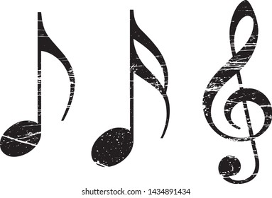 Grunge Musical Notes and Clefs Collection. Vector Distressed Textures Set. Blank Shapes. Vector Illustration. Black isolated on white. EPS10.