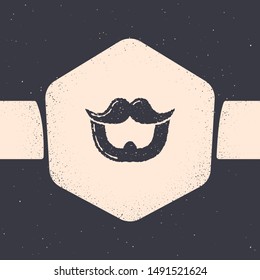 Grunge Mustache and beard icon isolated on grey background. Barbershop symbol. Facial hair style. Monochrome vintage drawing. Vector Illustration