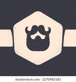 Grunge Mustache and beard icon isolated on grey background. Barbershop symbol. Facial hair style. Monochrome vintage drawing. Vector