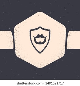 Grunge Mustache and beard on shield icon isolated on grey background. Barbershop symbol. Facial hair style. Monochrome vintage drawing. Vector Illustration