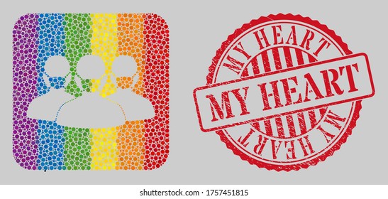 Grunge My Heart seal and mosaic mask people group hole for LGBT. Dotted rounded rectangle collage is around mask people group subtracted shape. LGBT spectrum colors.