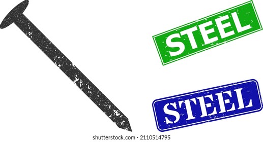 Icono de uñas y sello de acero de goma rectangular. Sellos de acero verde vectorial y acero azul con textura de caucho raspado, diseñados para ilustración de artículos metálicos.