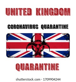 Grunge nameplate with Great Britain flag and quarantine virus text