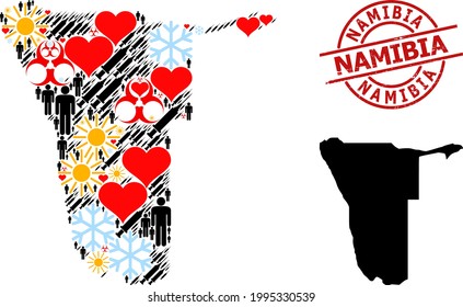 Grunge Namibia stamp, and heart people Covid-2019 treatment collage map of Namibia. Red round stamp has Namibia tag inside circle. Map of Namibia collage is made from winter, sun, heart, men,