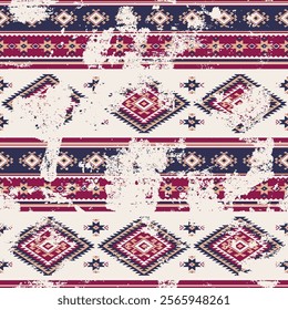 Grunge Native American traditional fabric patchwork wallpaper vintage vector seamless pattern for shirt fabric wrapping carpet rug tablecloth pillow distressed effect in separate layer