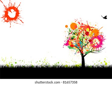 Grunge Nature Background with Grass, stylized Tree and Bird, element for design, vector illustration