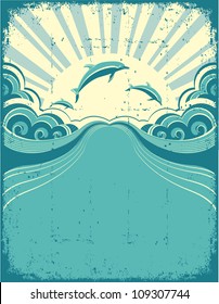 Grunge nature poster background with dolphins in sea and sunshine.Vector illustration