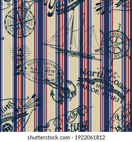 Grunge nautical badges and elements with striped background vintage marine vector seamless pattern